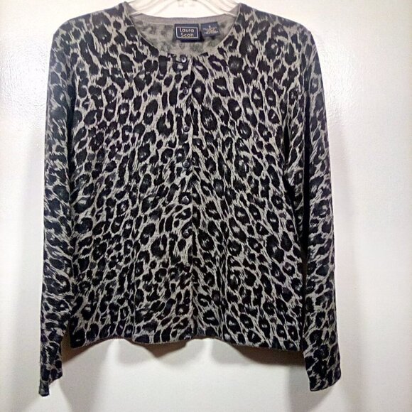 Laura Scott Grey & Black Animal Print Women’s Cardigan Sweater Size Small - Picture 15 of 16
